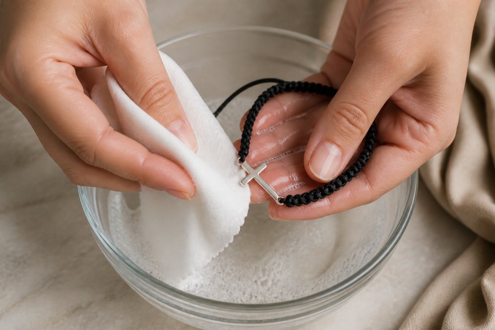 Hands gently cleaning a delicate bracelet with a soft cloth and mild soap solution in warm water, showing proper care technique with natural lighting