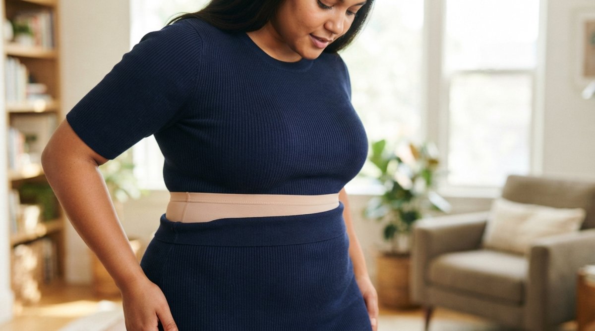 Close-up of a woman's torso wearing a fitted dress, showing the silicone no-roll band at the waistline, demonstrating secure fit and smooth silhouette under clothing
