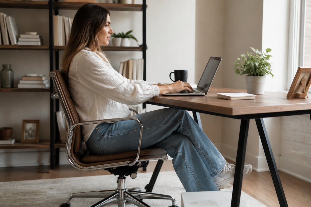 Woman wearing soft denim jeans while working at a home desk with laptop, showing relaxed posture and comfortable fit during extended sitting