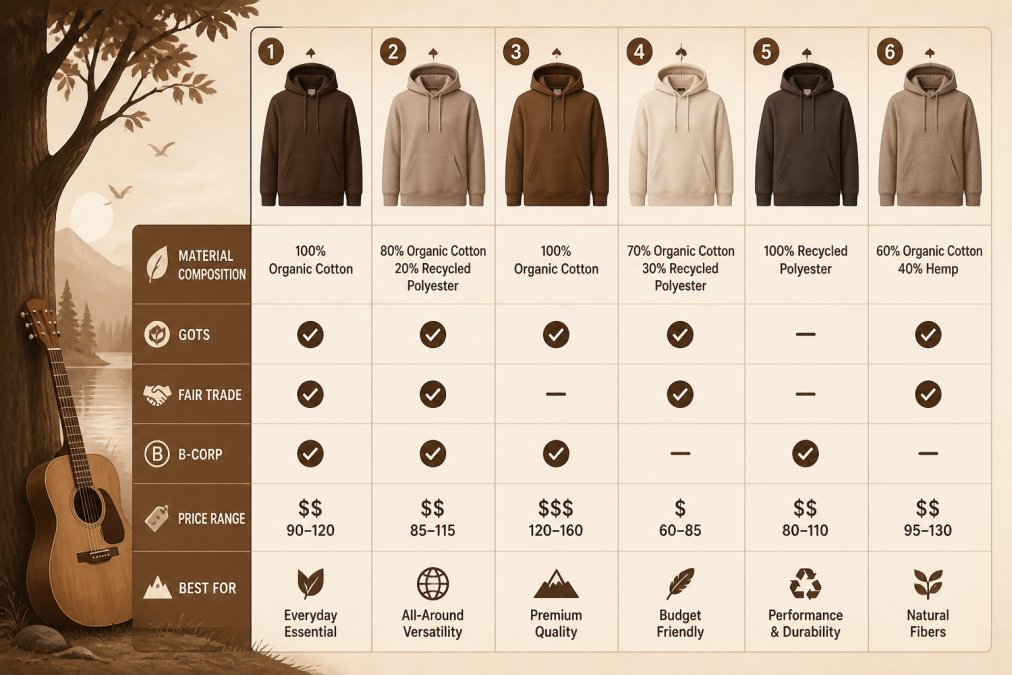 Comparison matrix ranking six sustainable hoodies by material, certifications, price, and intended use.