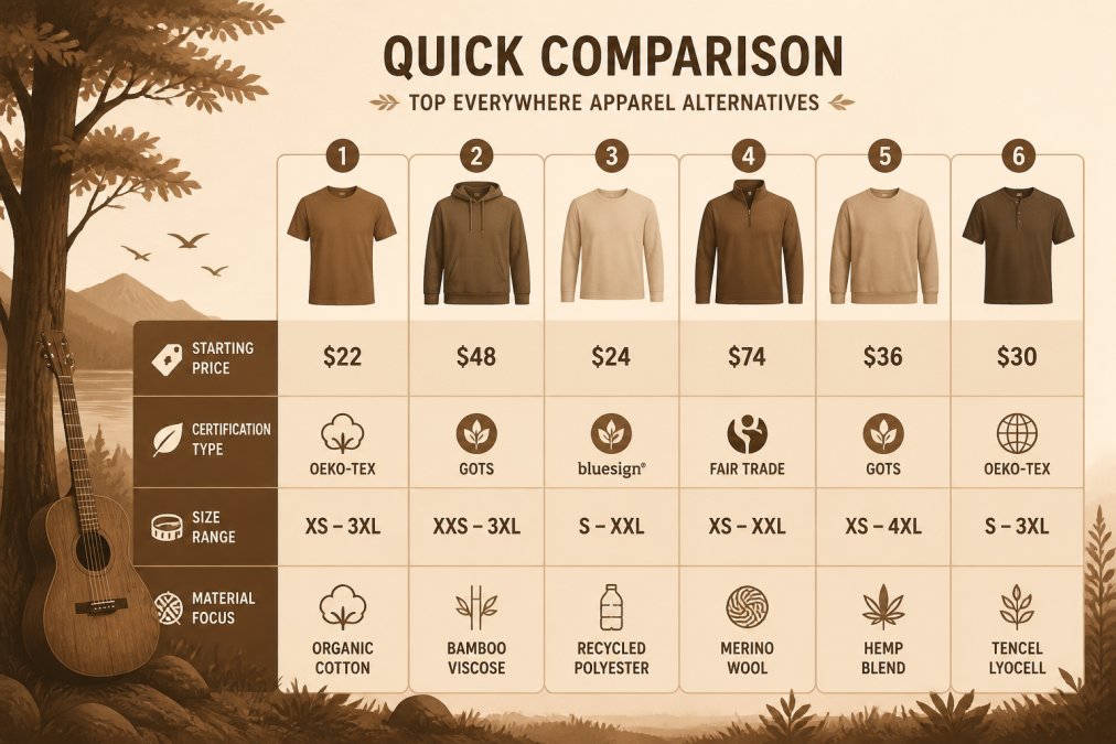 Feature comparison matrix of six apparel brands showing starting price, certification type, size range, and material focus
