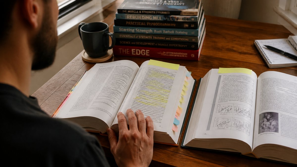 A reader analyzing evidence based training books with highlighted references, sticky notes, and a digital journal abstract.