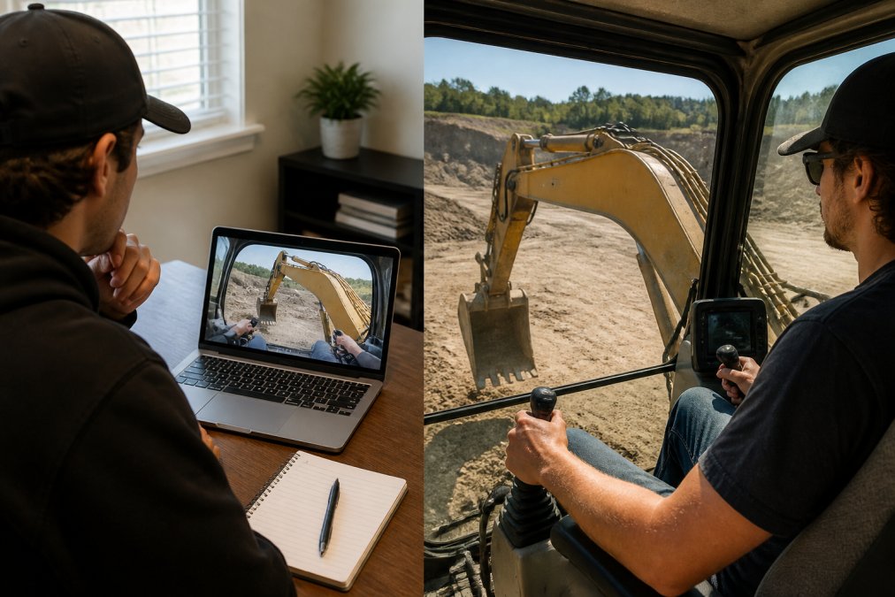 A trainee seated at a desk watching an excavator controls walkthrough on a laptop, and beside that, a different trainee gripping dual joystick controls inside a full-size excavator cab on a dusty job site under afternoon sun
