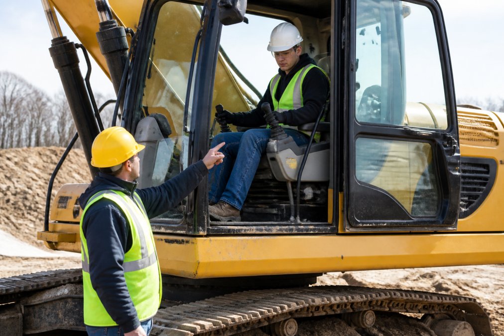 A new operator seated in the cab of a full-size excavator during a training session, gripping the joystick controls, with an instructor in a high-visibility vest standing on the ground beside the machine pointing up at the cab controls