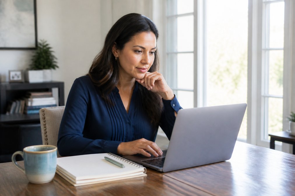 Professional reviewing executive coach certification details on a laptop in a sunlit home office