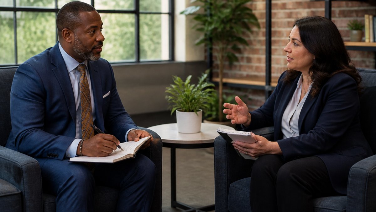 Professional school principal in conversation with an executive coach in a modern office setting, both seated facing each other with notepads, natural window lighting creating a professional atmosphere