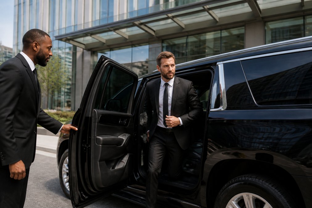 Professional business executive exiting a luxury black vehicle in front of a modern corporate office building, with driver opening the door
