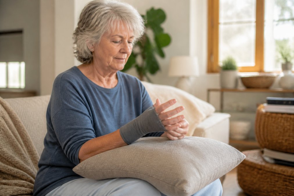 An older adult seated in a bright living room performing slow finger and wrist stretches, hands resting on a cushion, wearing a soft compression sleeve on one hand