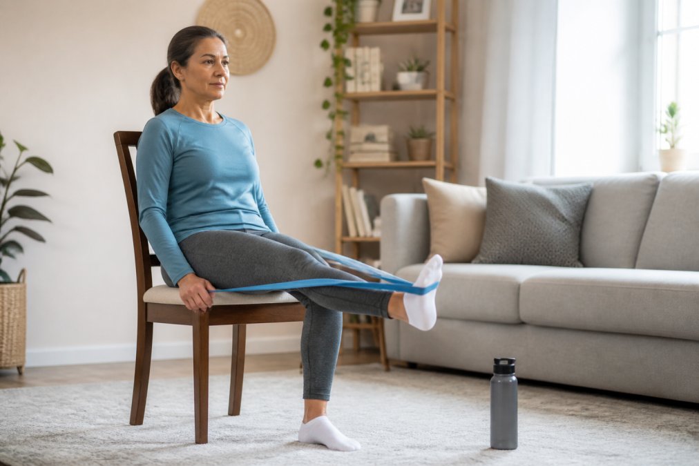 Middle-aged woman using a resistance band for gentle seated leg extension exercises for joint pain in a living room