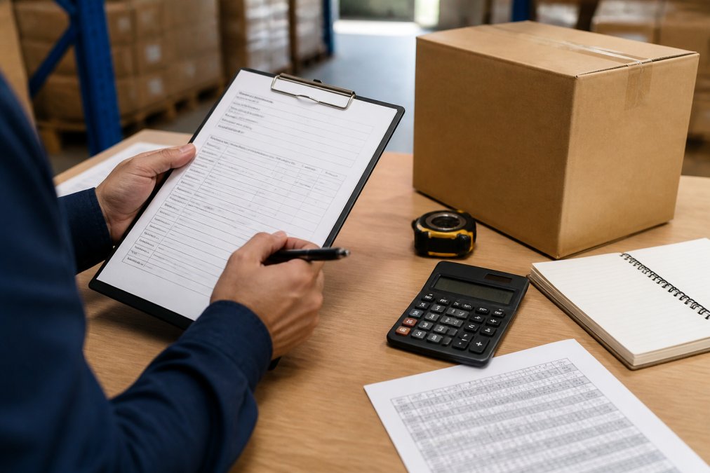 Hands holding clipboard with shipping documentation, CBM measurements, and cargo details on a desk with calculator and freight rate sheets nearby