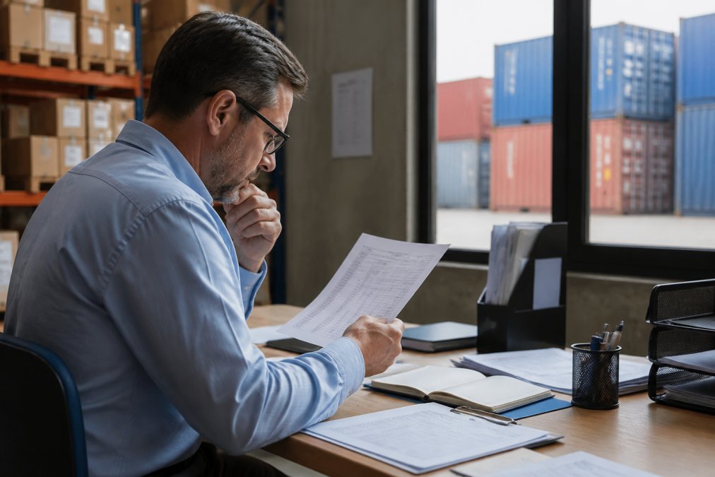 Logistics manager reviewing international shipping quotes on computer screen in modern warehouse office with shipping containers visible through window, natural lighting