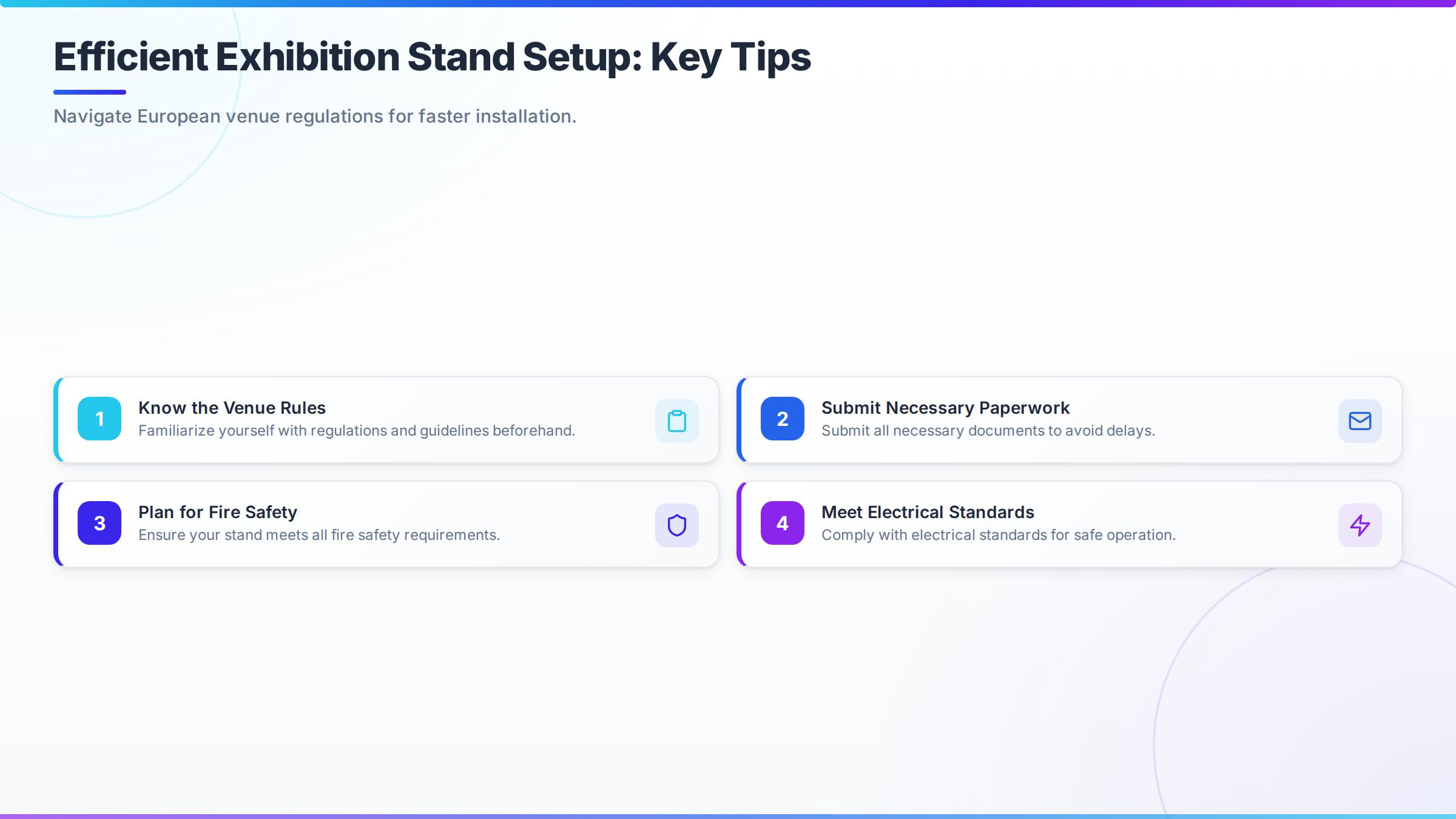 Tips infographic: Efficient Exhibition Stand Setup: Key Tips for best exhibition stand builders for fast delivery in Europe