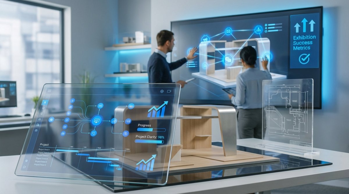 A well-designed exhibition stand showcasing transparent communication through digital displays