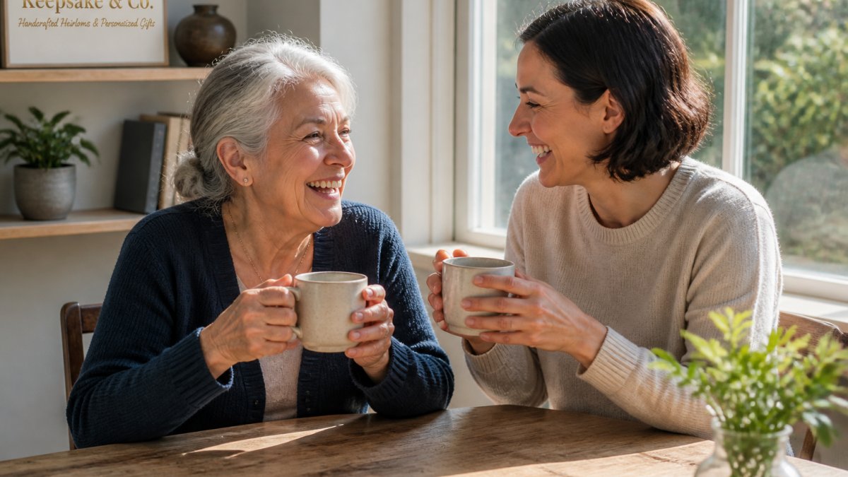 An older parent and adult child laughing together while sharing a warm beverage at a cozy table, natural sunlight streaming through a window