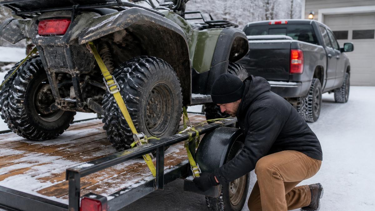 A person securing an ATV onto a utility trailer with ratchet straps in a snowy driveway, pickup truck and winter tires visible in the background, cold overcast daylight