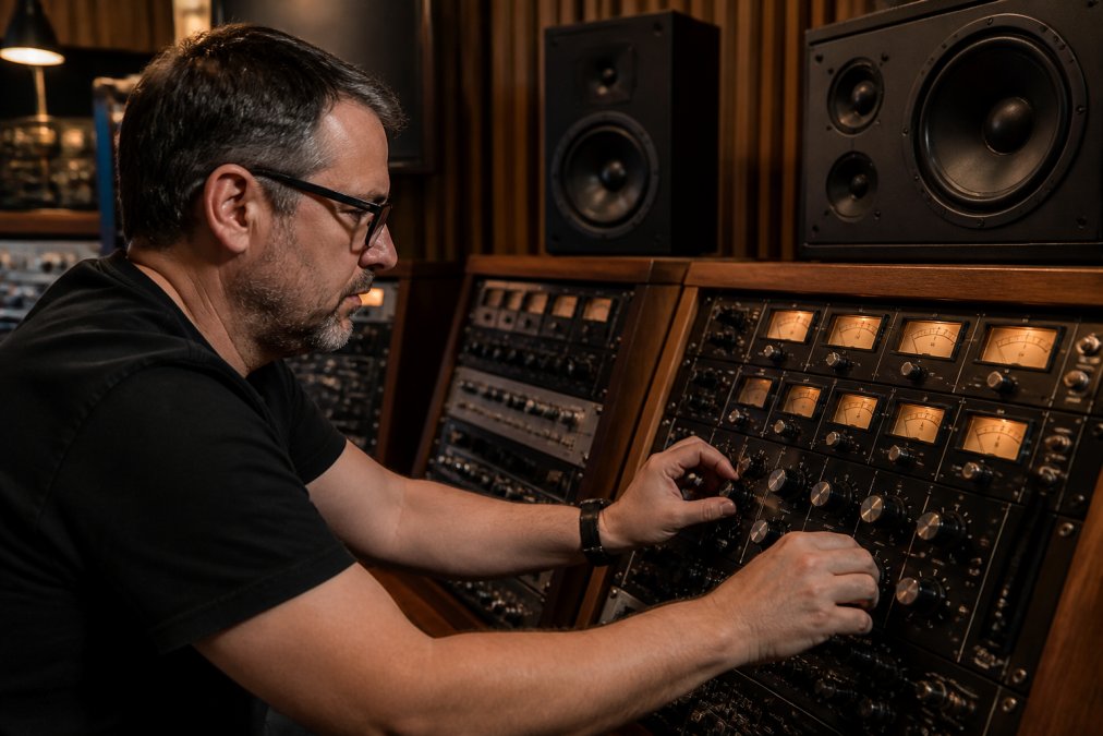 Mastering engineer adjusting analog outboard gear in a dimly lit professional studio, hands on large rotary knobs with VU meters glowing
