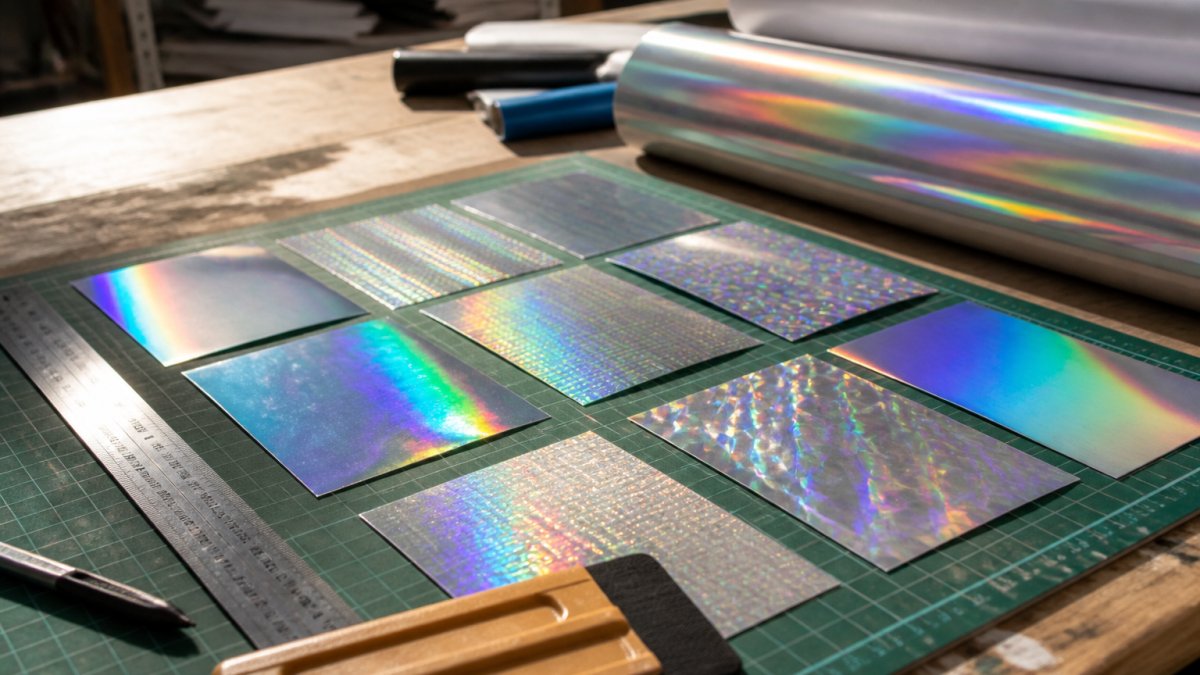 A sign maker's workbench with several small squares of holographic vinyl in different finishes laid out next to a cutting mat, ruler and squeegee, natural light catching the rainbow reflections
