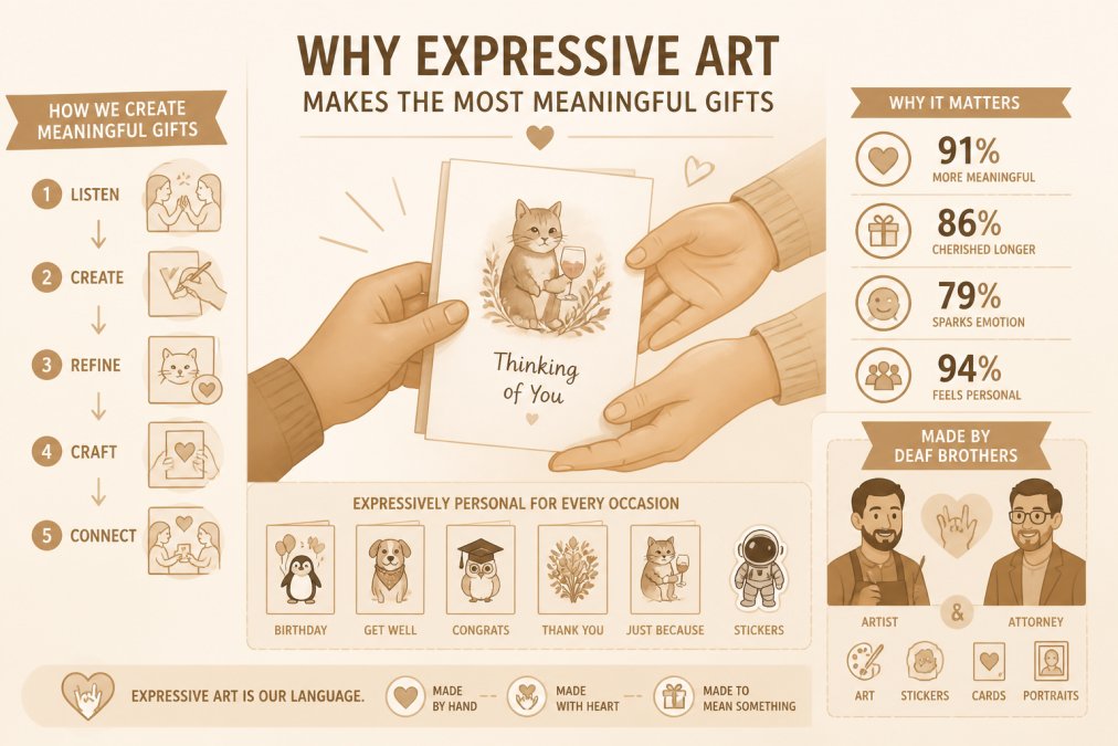 Close-up of hands holding a handmade greeting card with watercolor art, showing genuine emotion and connection between giver and recipient, natural soft lighting