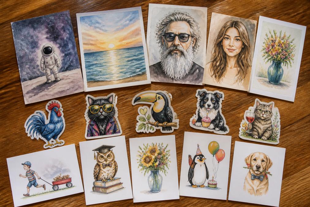 Flat lay of various handmade art pieces including watercolor originals, vinyl stickers, and custom portraits arranged on a warm wooden surface with natural lighting
