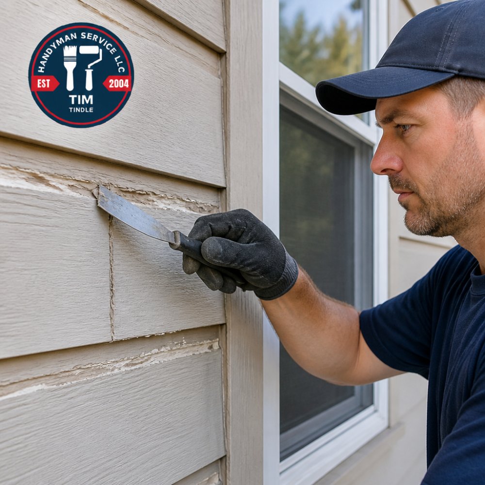 Professional demonstrating surface preparation technique by scraping old caulk from wooden siding with a putty knife, showing proper technique and substrate exposure in natural outdoor lighting