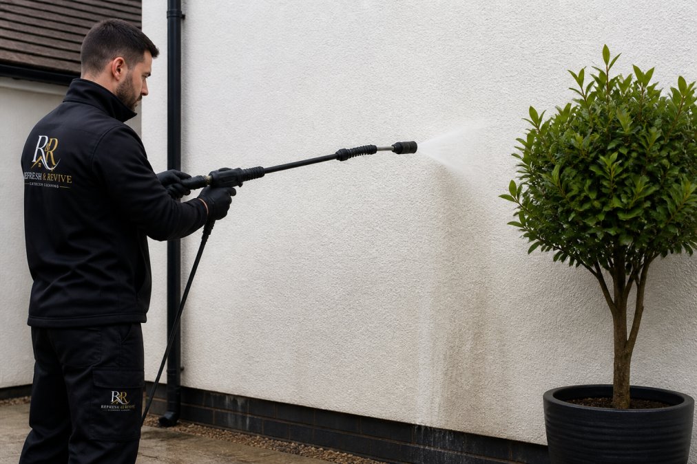 A technician in protective gloves using a low-pressure soft wash lance on white render, with a potted shrub nearby in soft daylight