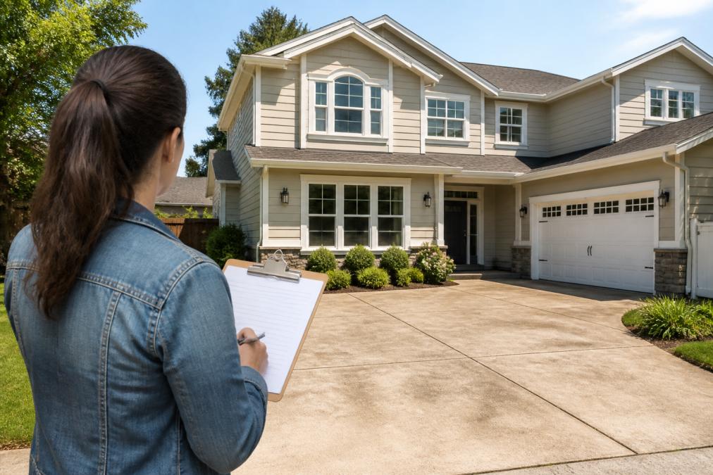 A homeowner standing on a driveway looking at a freshly cleaned two-story house with sparkling windows and clean siding, holding a clipboard with a listing checklist