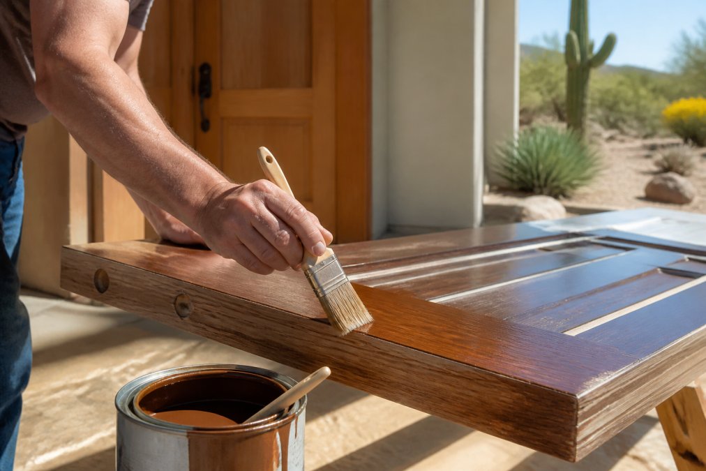 Homeowner applying fresh stain to a solid wood door to protect exterior door materials from sun damage.