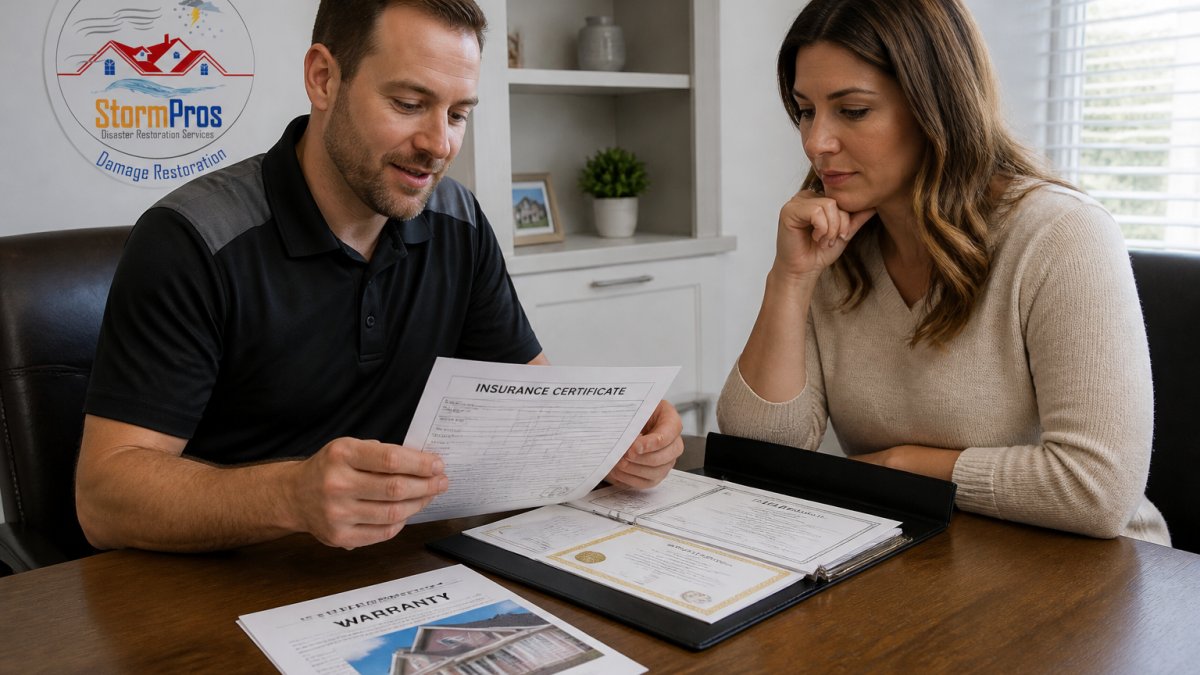 Professional contractor holding insurance certificate and licensing documents while homeowner reviews paperwork at desk in home office
