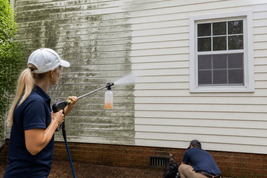 Professional crew using soft washing equipment on residential home's siding, removing mold and algae buildup, showing transformation of dirt-covered exterior surface to clean finish