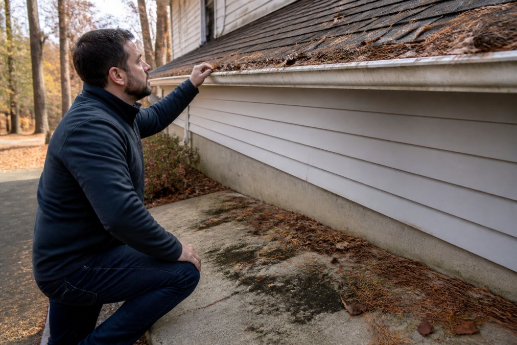Homeowner inspecting driveway and gutters for dirt, grime, and debris accumulation, with fallen leaves and pine needles visible, indicating seasonal maintenance needs