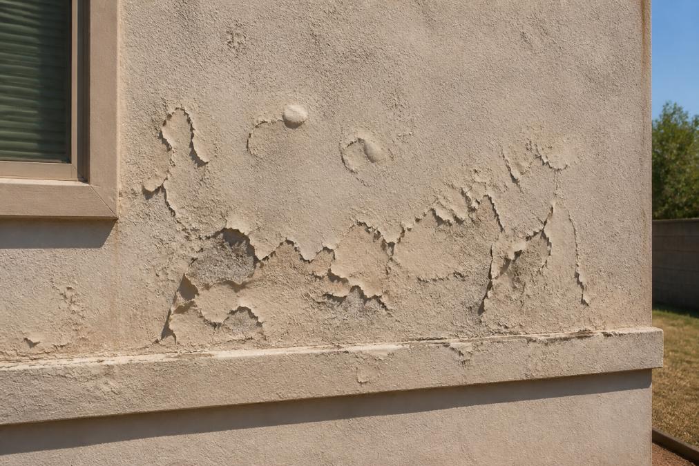 Exterior residential wall showing visible paint damage including peeling paint, chalking surface texture, and blistering from sun and moisture exposure