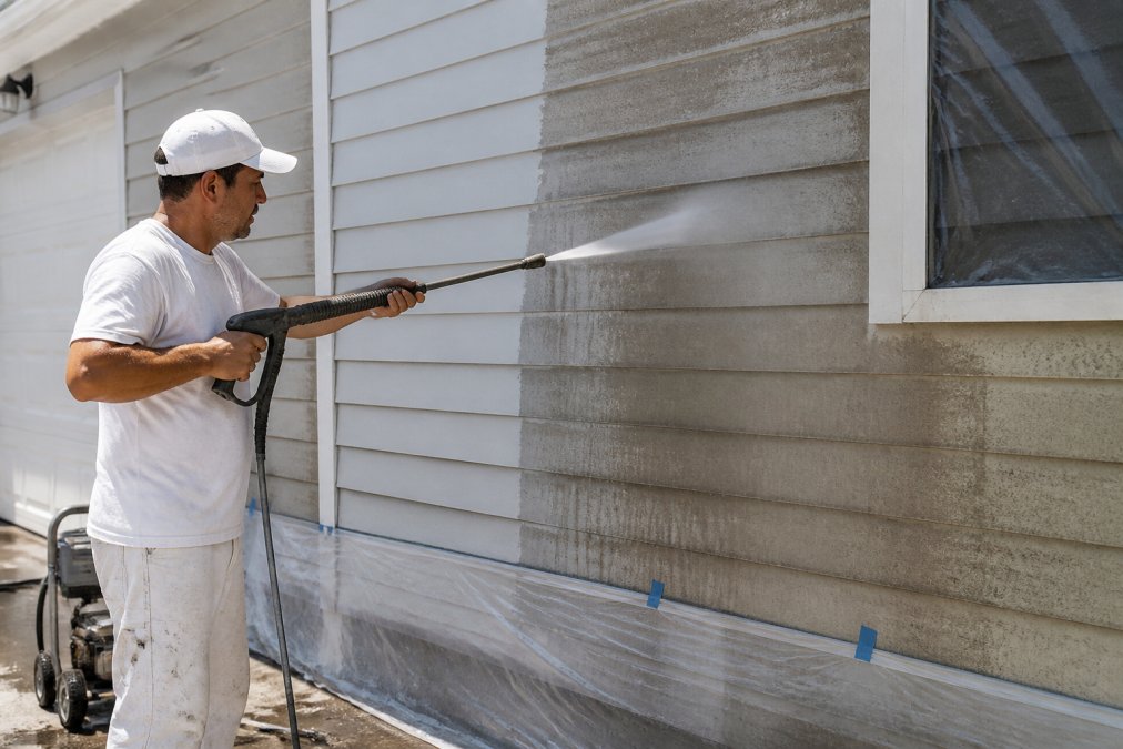 Professional painter using pressure washer on sun-faded exterior wall with visible dust and dirt removal, demonstrating proper surface preparation technique in bright daylight