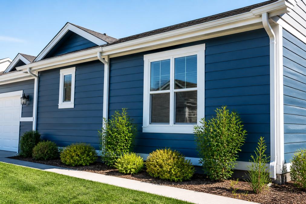Freshly painted house exterior in bright sunlight showing vibrant satin-finish paint color on wood siding, with clear sky and landscaping visible, demonstrating color retention and durability