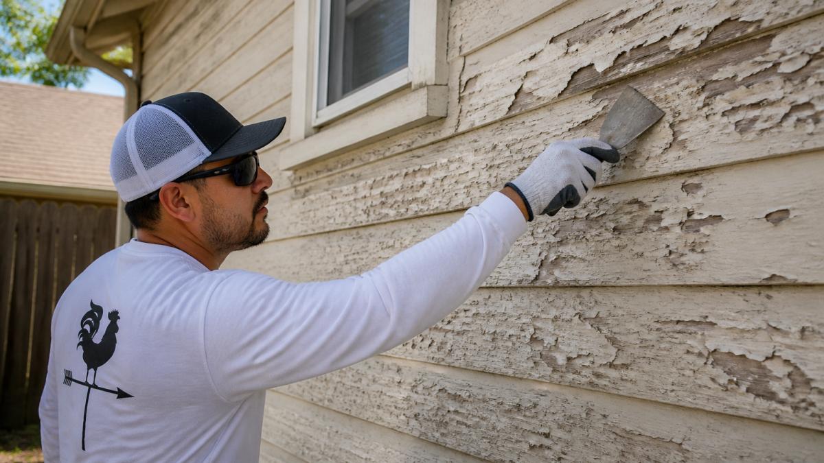 Professional painter scraping loose and peeling paint from weathered exterior wood siding, showing proper surface preparation technique in afternoon natural light