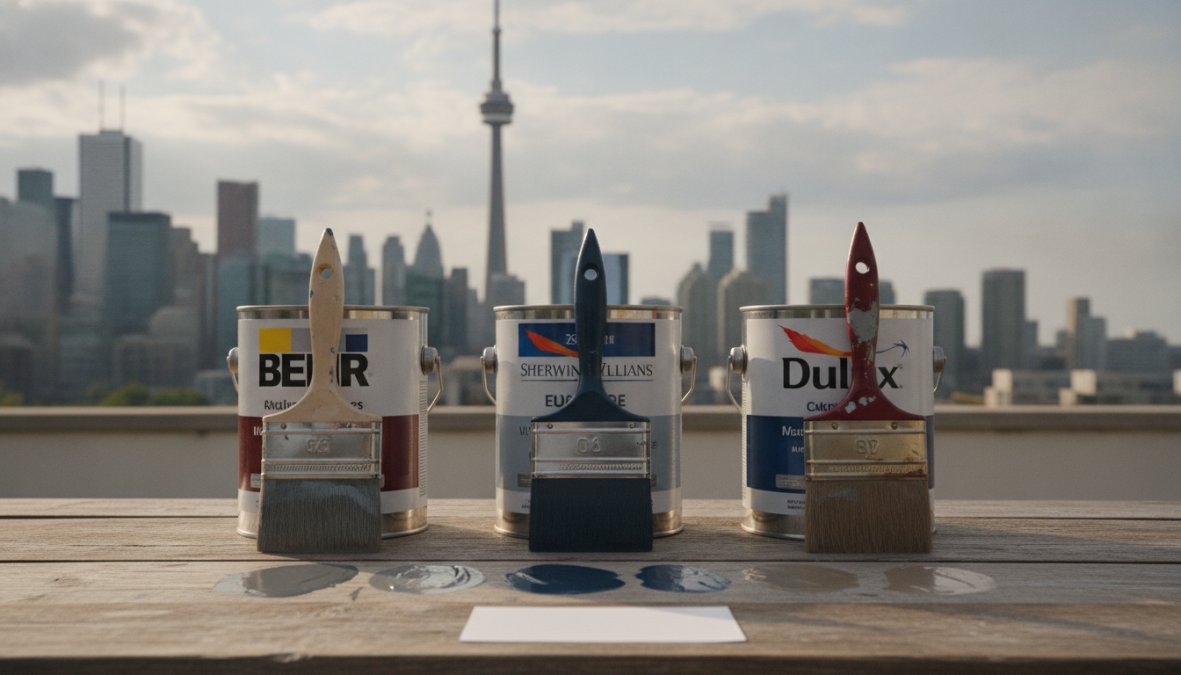 Close-up of a professional painter applying exterior acrylic latex paint to the wooden siding of a Toronto home on a clear autumn day, with paint cans, brushes, and a roller tray visible in the foreground on a drop cloth