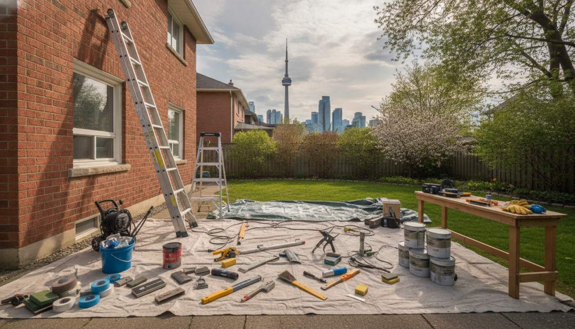 A painter power-washing the exterior siding of a brick and wood Toronto home in preparation for repainting, with a ladder, scraper, and surface prep tools visible on a sunny day