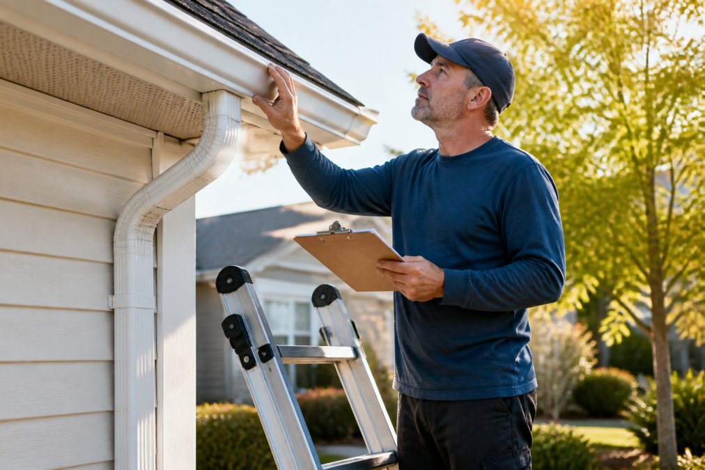 Homeowner inspecting roof and gutters during spring maintenance, standing on ladder with clipboard and inspection checklist visible, bright morning sunlight illuminating the property