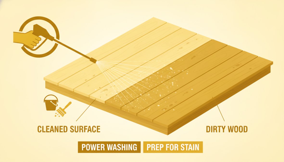 Close-up of a deck being power washed with high-pressure spray, showing water streaming across weathered wood surface and debris being removed, bright daylight