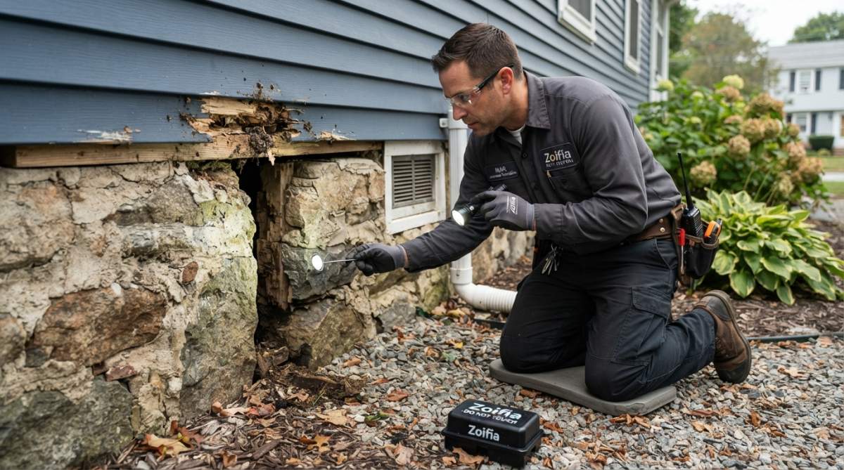 A licensed pest control technician in protective gear inspecting gaps and entry points around a residential foundation and basement window, checking for rodent access points