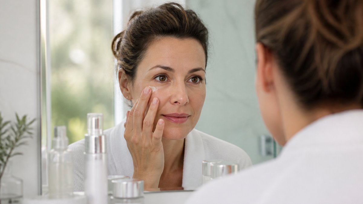 Close-up of a woman in her 40s gently patting eye cream under her eye with her ring finger in a bright bathroom, mirror and skincare bottles visible in the background