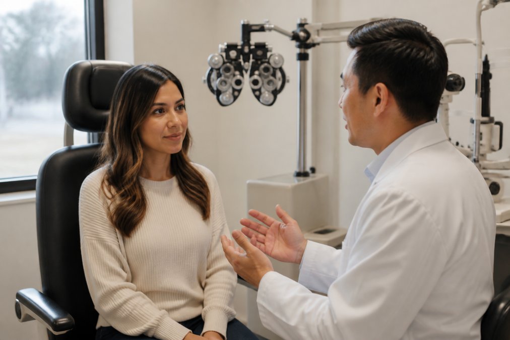 Patient sitting in a modern eye care examination room during consultation with an ophthalmologist, diagnostic equipment visible in soft natural lighting