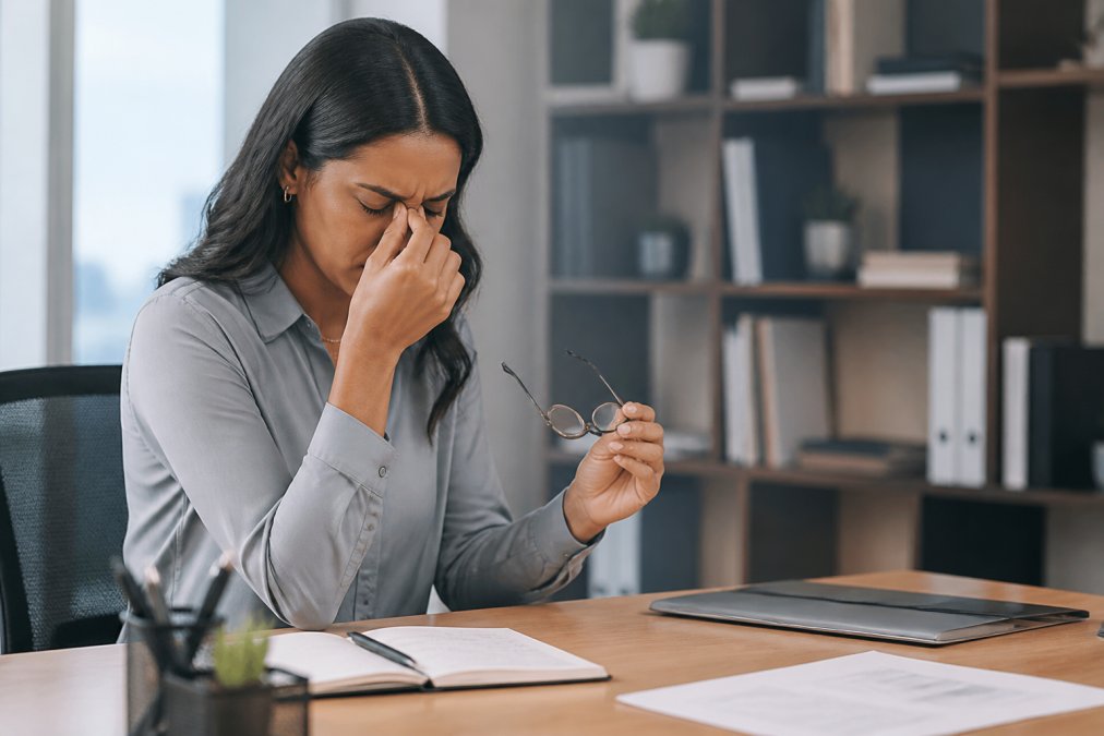 Professional at desk rubbing eyes in discomfort during work, showing visible fatigue and strain from extended screen time, natural office lighting