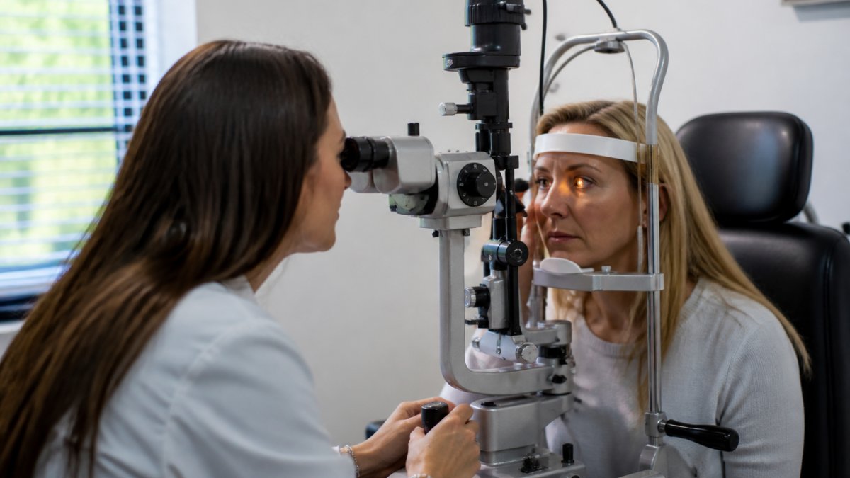 Professional eye care specialist performing slit lamp examination on patient in clinical setting, with patient seated and doctor using diagnostic instrument under bright clinical lighting