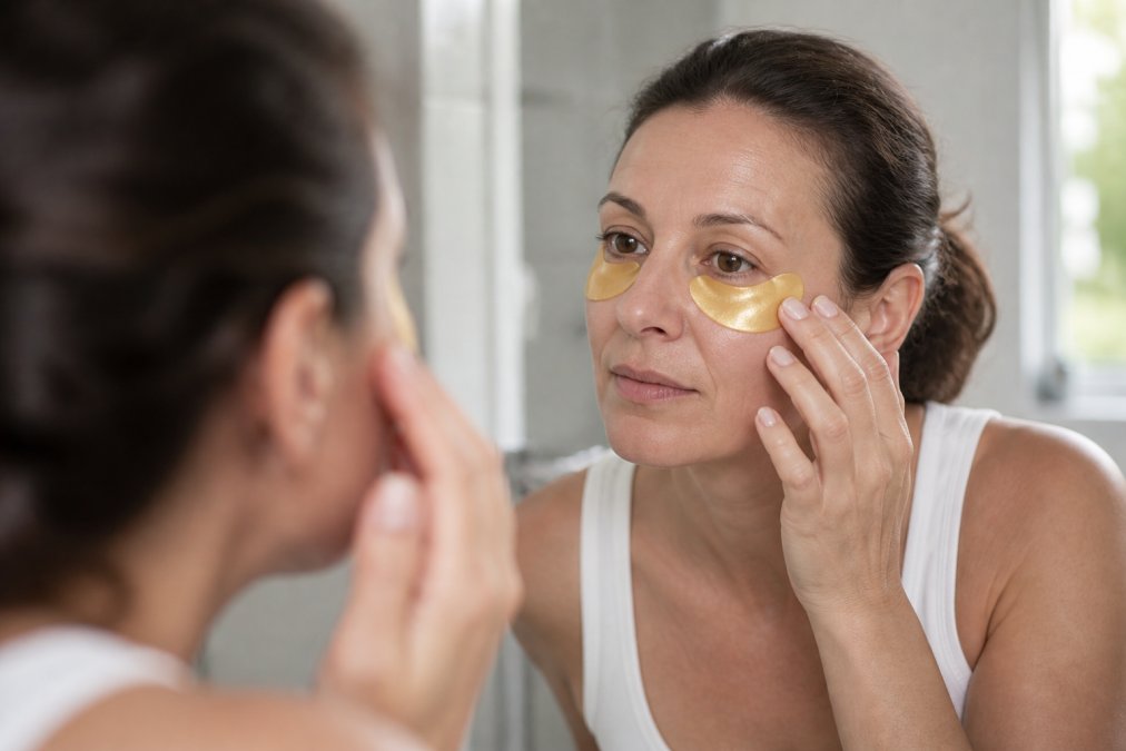 Close-up of a woman in her 40s gently pressing a gold hydrogel eye mask under her eye, standing at a bathroom mirror with soft natural light, showing the mask adhering to her skin without slipping