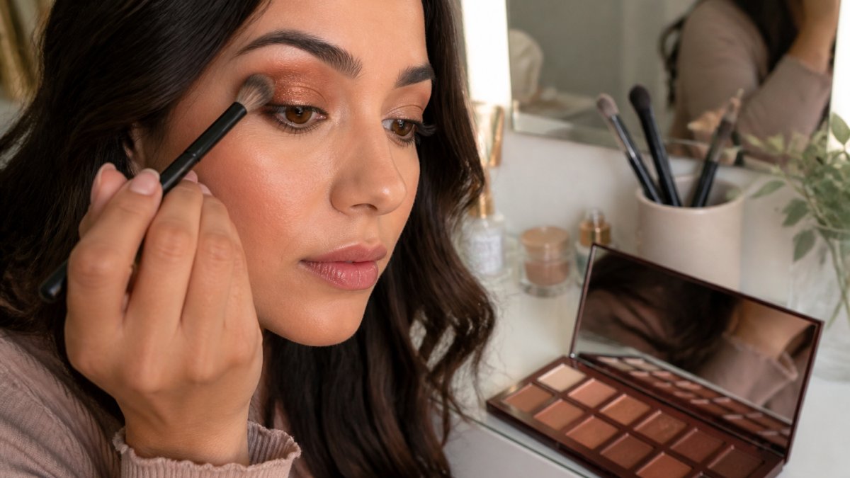 Close-up of a woman with brown eyes applying warm bronze eyeshadow with a fluffy blending brush, seated at a vanity with a neutral palette open beside her