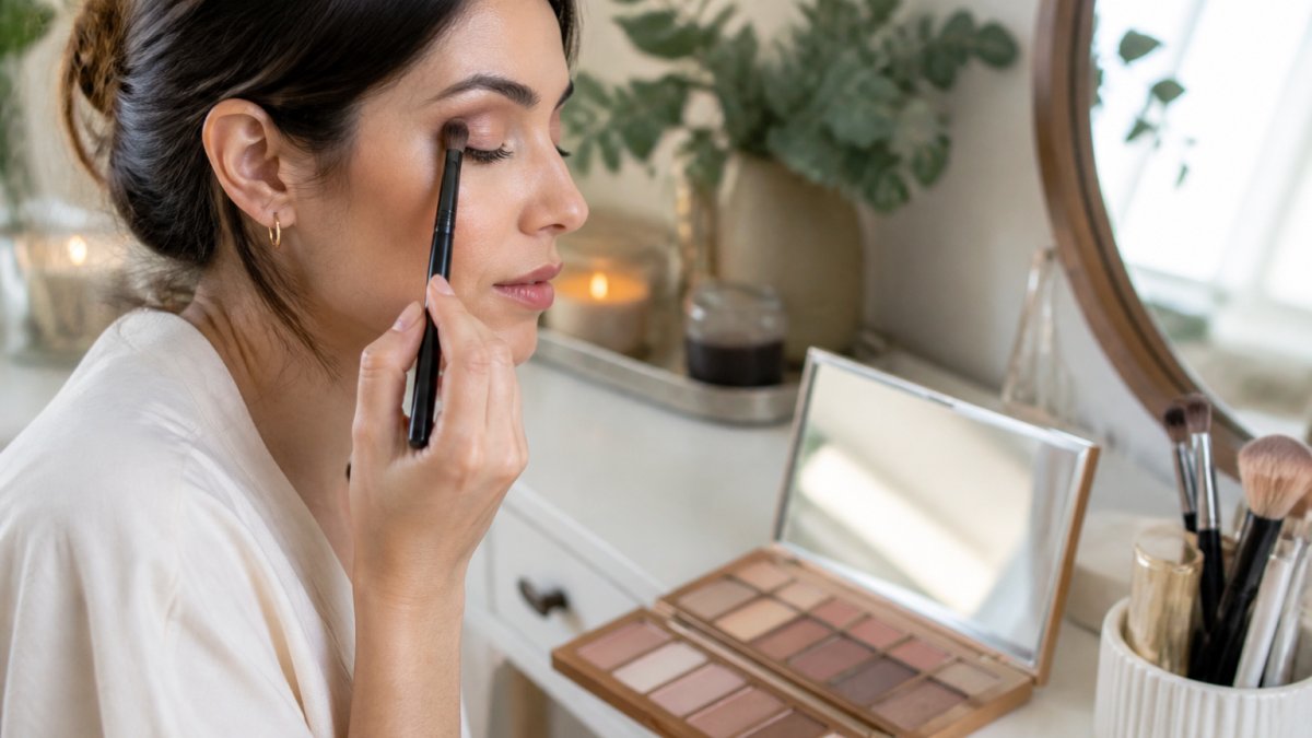 Close-up of a woman's hands applying neutral eyeshadow with a blending brush to her eyelid, sitting at a vanity with soft natural light, palette visible in the foreground