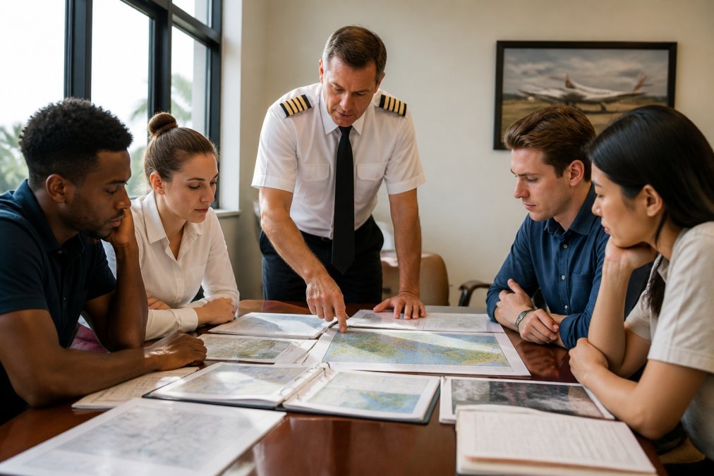 Experienced airline pilot instructor in professional attire leading a small classroom of diverse students reviewing aviation weather maps and flight dispatch procedures on a large conference table with natural light from windows