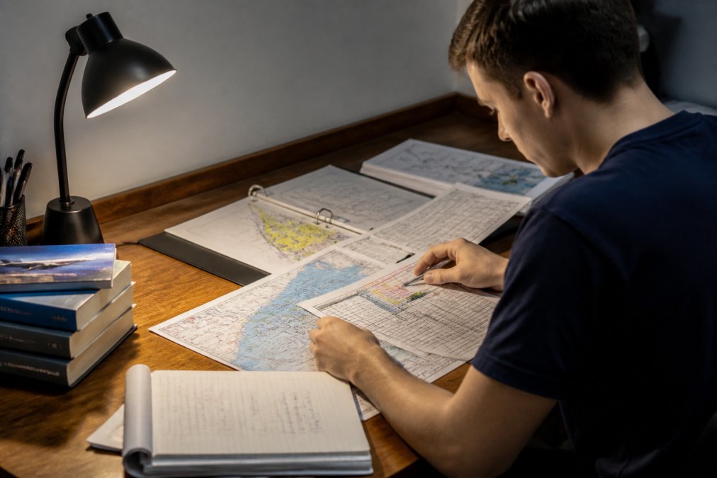 Focused student at a wooden desk reviewing laminated aviation weather charts and flight planning worksheets under a desk lamp, with aviation textbooks and notes spread across the surface