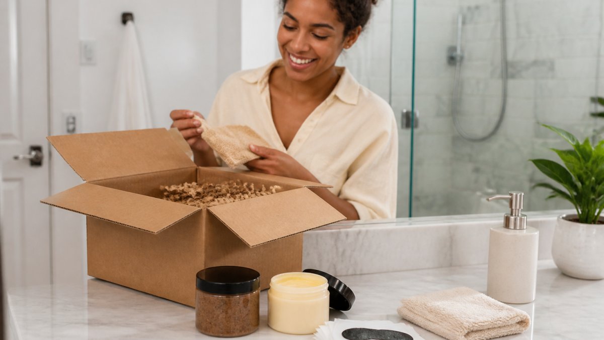 A busy professional in a bright bathroom unpacking a self-care gift box with nose pore strips, coffee body scrub, and hair mask arranged on a marble counter