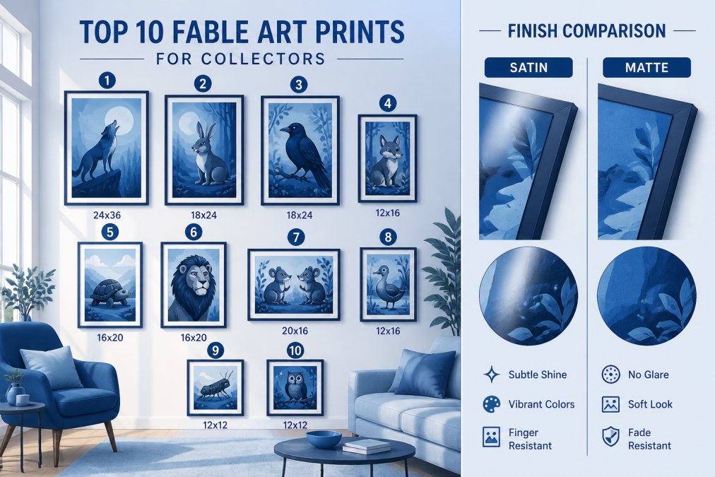 Gallery wall displaying multiple framed character-inspired art prints in various sizes, showing satin and matte finishes side by side in a modern living room with warm natural light streaming through windows